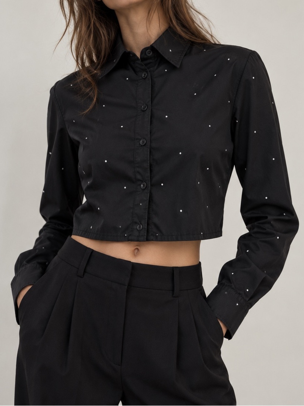 French Twist Black Cropped Rhinestone Shirt - Size S